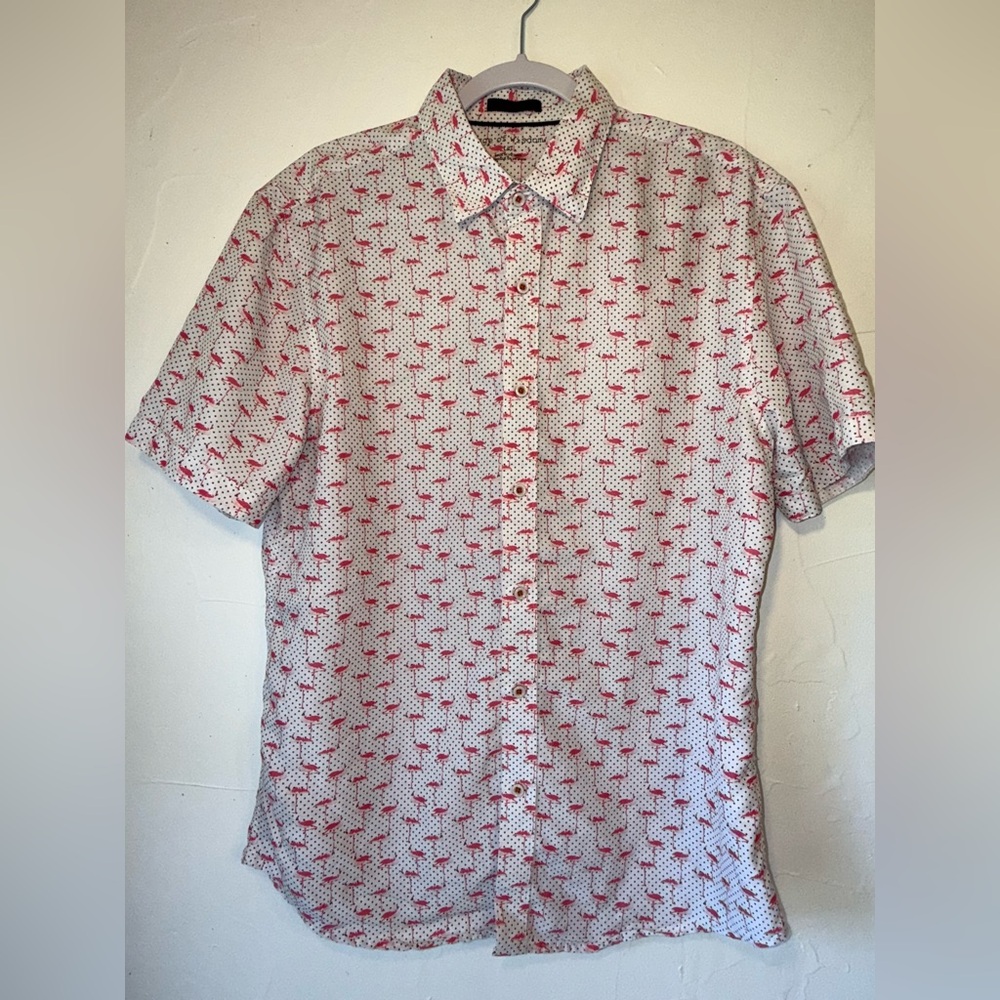 AGE OF WISDOM MENS SHORT SLEEVE COLLARED FLAMINGO PRINT BUTTON DOWN SZ L